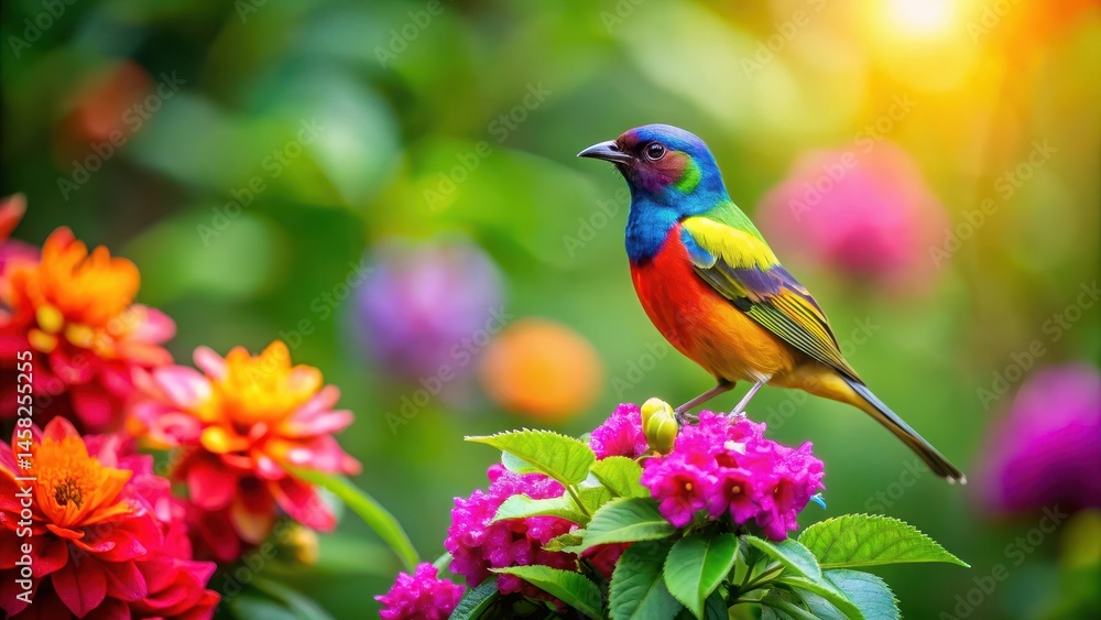 A vibrant bird perches on a blooming flower, surrounded by lush greenery and colorful foliage in a serene garden scene , garden A vibrant bird perches on a blooming flower, surrounded by lush greenery and colorful foliage in a serene garden scene , garden