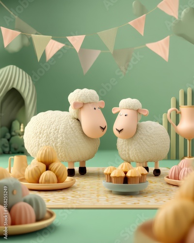 Obraz na płótnie Eid al-Adha Mubarak with 3D Cartoon Sheep and Sweets for Islamic Feast of Festival Celebration. w salonie