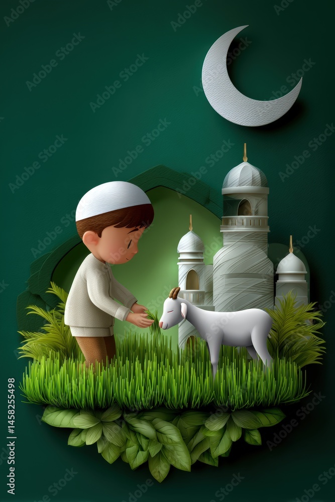 Eid Al Adha Celebration Festival with 3d cartoon muslim boy feeds a goat in front of a mosque with crescent moon.