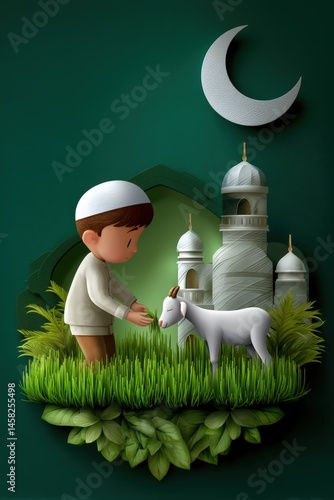 Obraz na płótnie Eid Al Adha Celebration Festival with 3d cartoon muslim boy feeds a goat in front of a mosque with crescent moon. w salonie