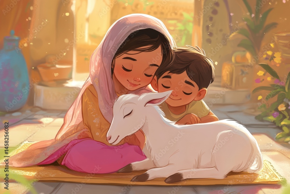 Celebrating Eid Al Adha, festival of sacrifice with illustration of muslim mother and son are sitting on the floor with goat at blurry room with plants and other objects.