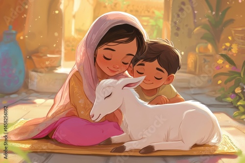 Celebrating Eid Al Adha, festival of sacrifice with illustration of muslim mother and son are sitting on the floor with goat at blurry room with plants and other objects.