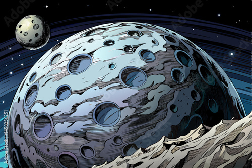 Lunar landscape showcasing the rough, cratered surface of the Moon under a starry sky. Perfect for space exploration, astronomy themes, sci-fi backgrounds, and extraterrestrial environments