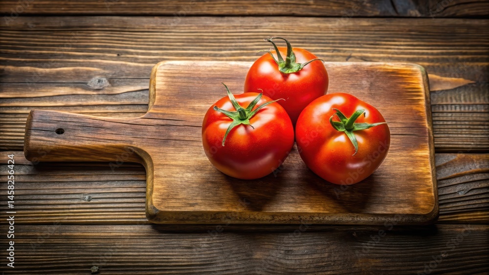 Freshly harvested three identical red tomatoes arranged in a triangular formation on a rustic wooden cutting board , food, harvest Freshly harvested three identical red tomatoes arranged in a triangular formation on a rustic wooden cutting board , food, harvest