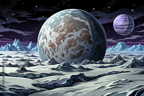 Lunar landscape showcasing the rough, cratered surface of the Moon under a starry sky. Perfect for space exploration, astronomy themes, sci-fi backgrounds, and extraterrestrial environments