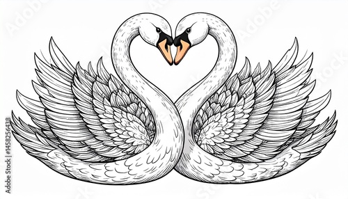 Two Swans Forming a Heart Shape Elegant Detailed Line Art Illustration