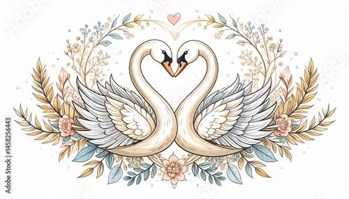 Two Swans Forming a Heart Shape Decorated with Floral Wreath Design