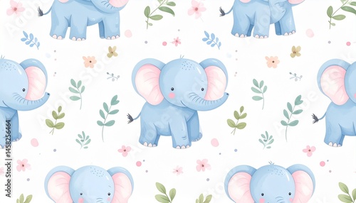 Adorable Baby Elephants Seamless Pattern Pastel Blue Pink Floral Nursery Design