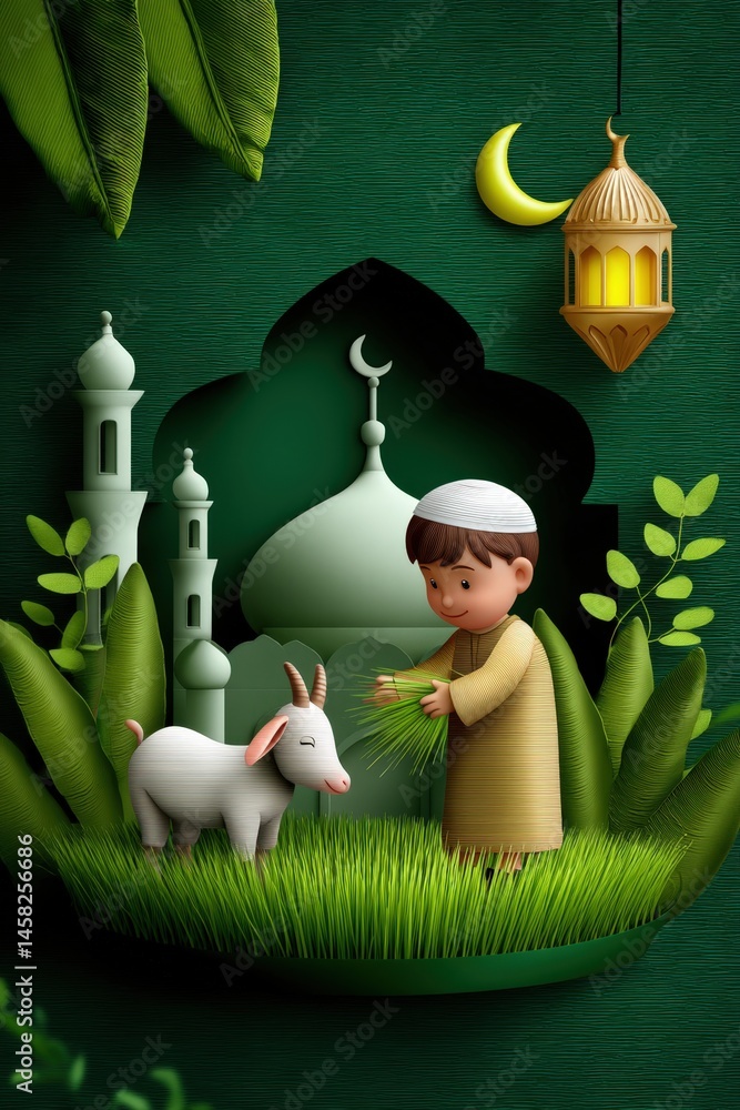 Eid Al Adha Celebration Festival with 3d cartoon muslim boy feeds a goat in front of green mosque with crescent moon and lantern hanging.