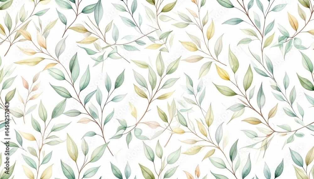 Watercolor Seamless Pattern Botanical Green Leaves Branches Nature Design Watercolor Seamless Pattern Botanical Green Leaves Branches Nature Design