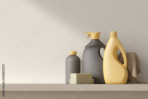 stylish arrangement of household cleaning products on modern kitchen shelf showcasing elegant packaging designs