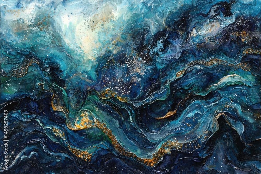 Fototapeta premium Abstract Waves of Blue and Gold in Swirling Ocean-Inspired Art