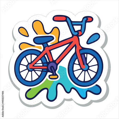 Bright red BMX bike with colorful splash background in cartoon graffiti sticker style.