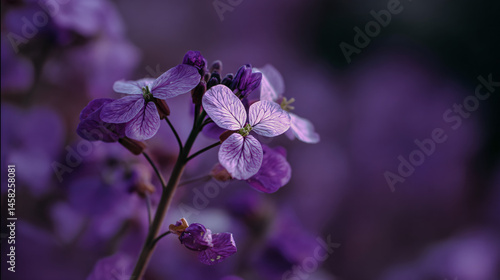 Close up image of an annual honesty efflorescence genus lunaria annua) blooming during spring.