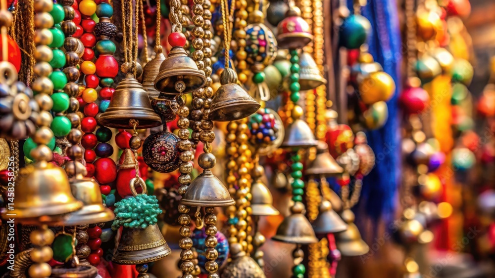 Fototapeta premium Colorful Display of Bells, Beads, Charms on Market Stall in India