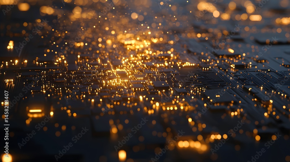 Obraz premium Sparkling golden particles on a dark surface.