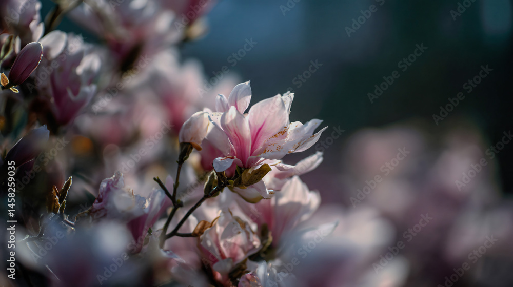 Close up of a garden pink and white magnolia tree in full bloom during bound Close up of a garden pink and white magnolia tree in full bloom during bound