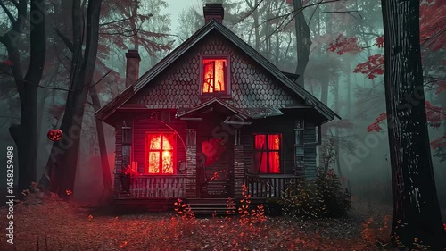 On a foggy autumn night, a spooky cabin stands ominously among tall trees, its windows glowing red. Jack-o'-lanterns illuminate the surrounding ground, creating an eerie atmosphere.
