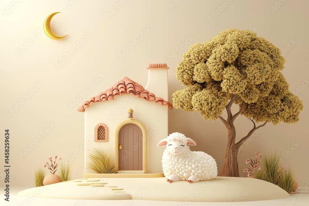 Eid-Ul-Adha Celebration, Islamic Festival of Sacrifice with 3d illustration of a sheep sitting in front of house with tree.