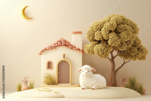 Obraz na płótnie Eid-Ul-Adha Celebration, Islamic Festival of Sacrifice with 3d illustration of a sheep sitting in front of house with tree. w salonie