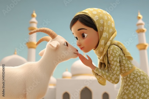 3D Cartoon Young Muslim Woman Kissing a Goat in Front of Mosque for Eid Ul Adha Celebrating Festival of Sacrifice.