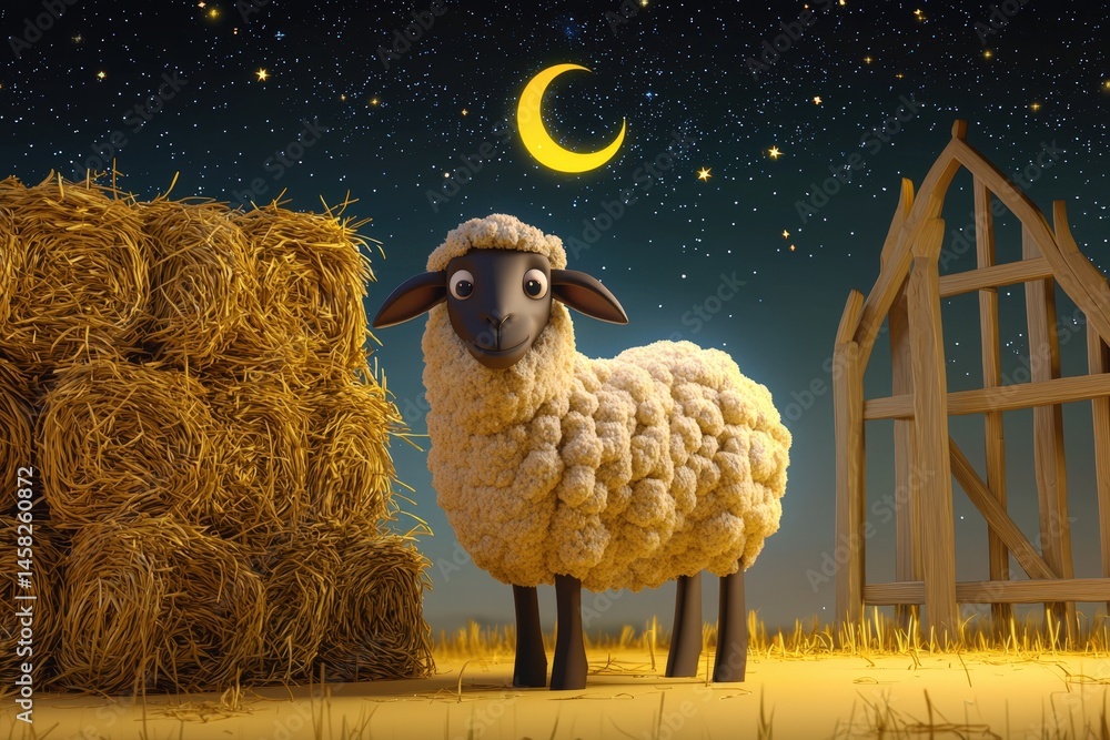 3D Cartoon Sheep and Haystack Under the Crescent Moon for Eid Al Adha Mubarak, Islamic Festival of Sacrifice.