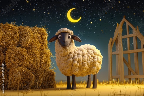 Obraz na płótnie 3D Cartoon Sheep and Haystack Under the Crescent Moon for Eid Al Adha Mubarak, Islamic Festival of Sacrifice. w salonie