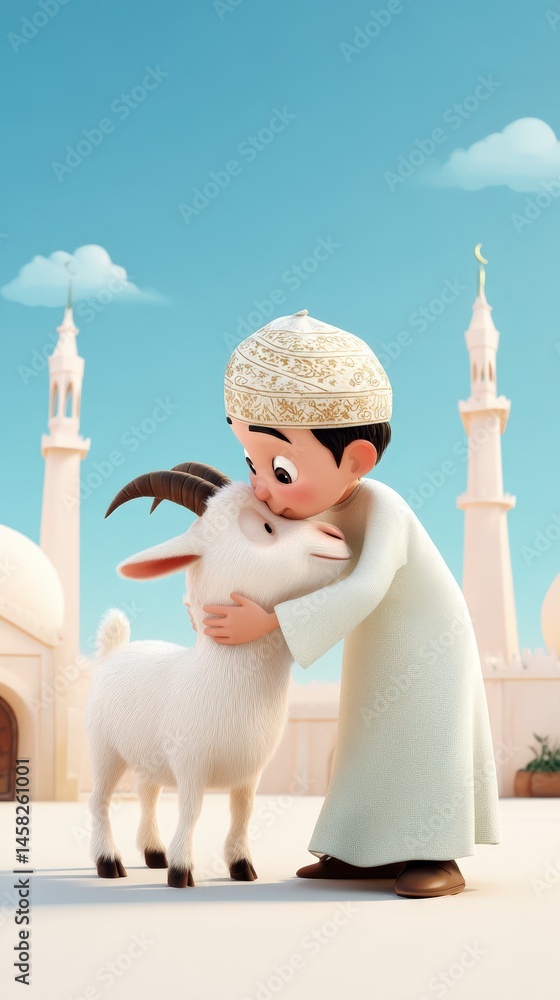 3D Cartoon Muslim Boy Hugging Goat in Front of Mosque for Eid Al Adha Celebration.