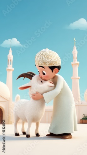 3D Cartoon Muslim Boy Hugging Goat in Front of Mosque for Eid Al Adha Celebration.