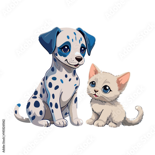 dalmatian puppy and siamese kitten, white background