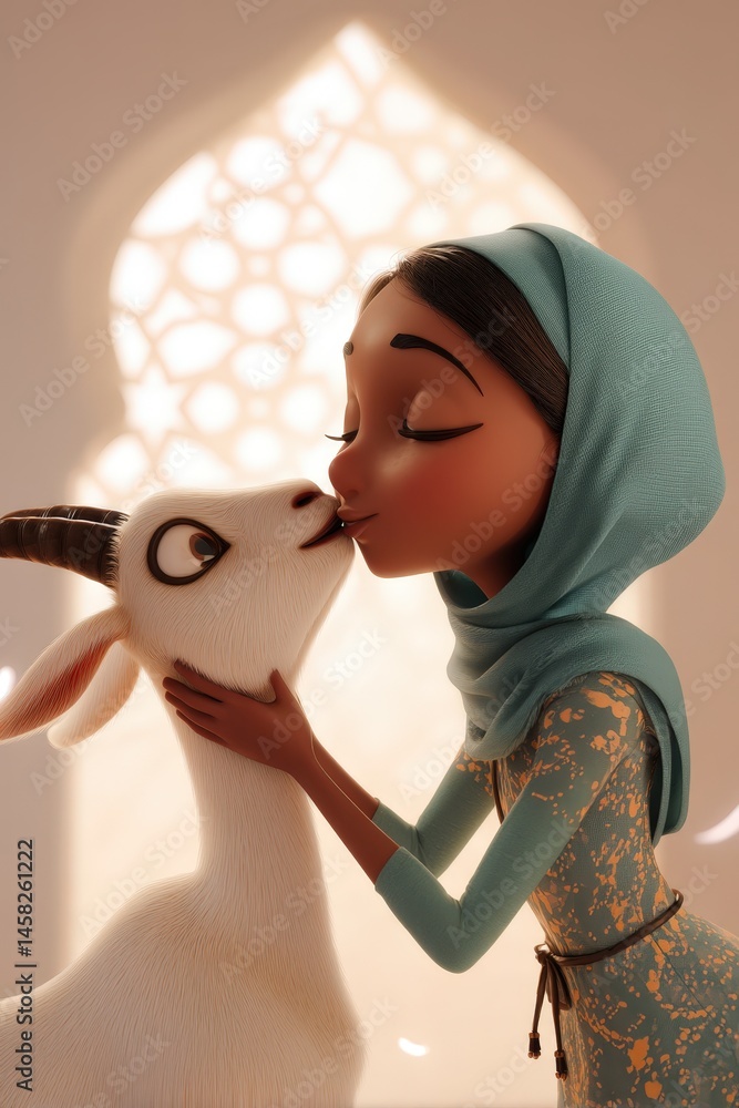 3D Cartoon Young Muslim Woman Kissing a Goat in Front of Mosque for Eid Ul Adha Celebrating Festival of Sacrifice.