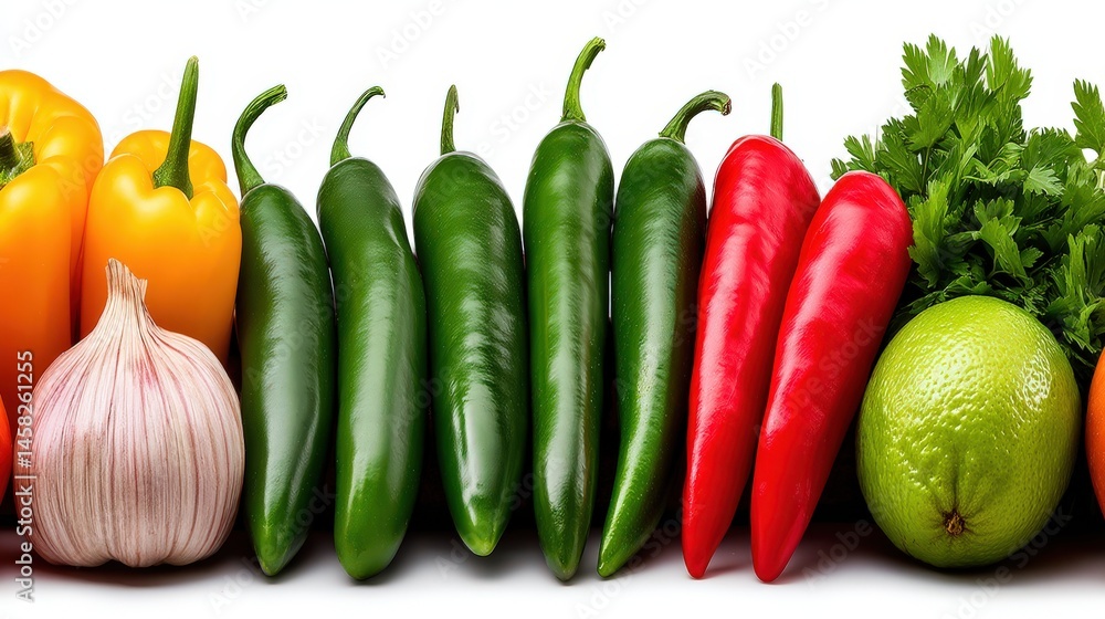 Colorful array of fresh vegetables featuring yellow bell peppers green jalapenos red chili peppers garlic limes and vibrant herbs arranged beautifully against a clean white backdrop Colorful array of fresh vegetables featuring yellow bell peppers green jalapenos red chili peppers garlic limes and vibrant herbs arranged beautifully against a clean white backdrop