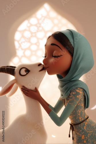 Obraz na płótnie 3D Cartoon Young Muslim Woman Kissing a Goat in Front of Mosque for Eid Ul Adha Celebrating Festival of Sacrifice. w salonie