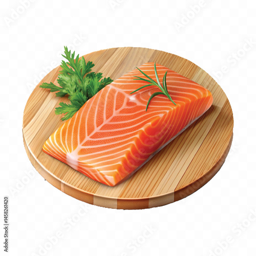 realistic slice of raw salmon on wooden board isolated white or transparent background