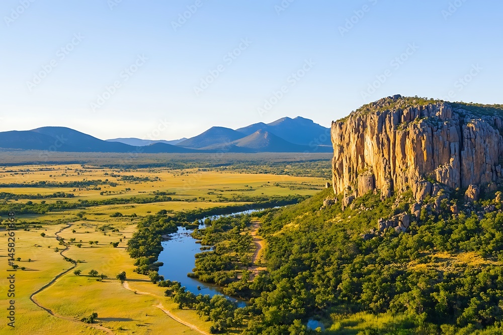 Obraz premium Majestic Mountain Vista River Valley and Dramatic Cliff Face Landscape