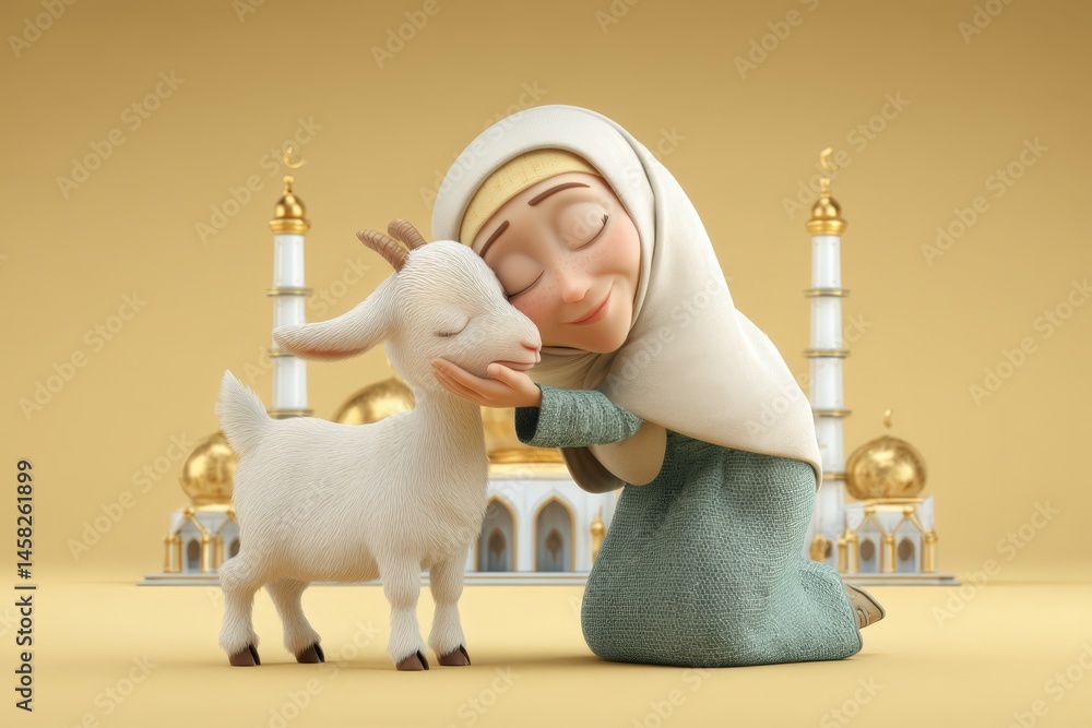 3D Cartoon Muslim Woman Hugging a Goat in Front of Mosque for Eid Ul Adha Celebrating Festival of Sacrifice.