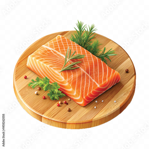 realistic slice of raw salmon on wooden board isolated white or transparent background