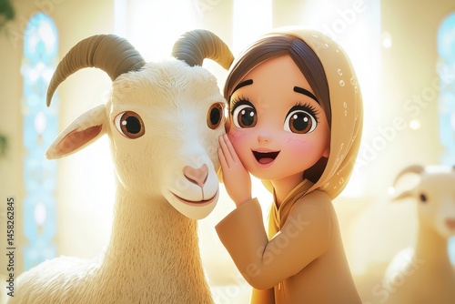 Eid Al Adha Celebration with 3d cartoon muslim girl in a tan dress and headscarf is smiling and touching the face of a goat with horns at mosque.