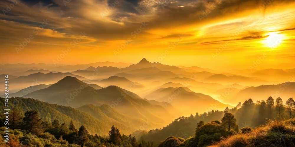 Obraz premium A serene mountain landscape at sunset with a golden smoky sky and muted earth tones, sun, golden hour, sun