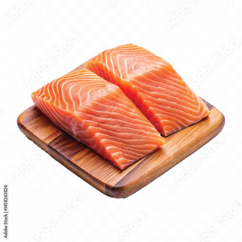 realistic slice of raw salmon on wooden board isolated white or transparent background