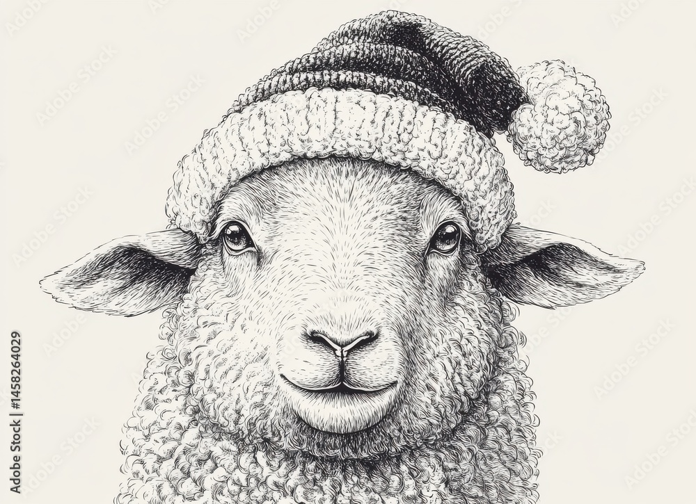 Fototapeta premium Pointillist Illustration of Sheep in Santa Hat