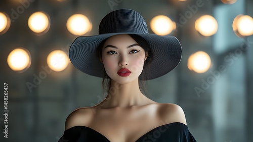 Stylish woman in a wide-brimmed hat, elegant portrait.