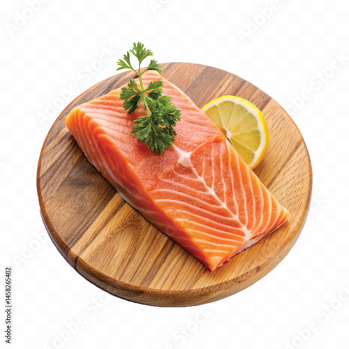 realistic slice of raw salmon on wooden board isolated white or transparent background