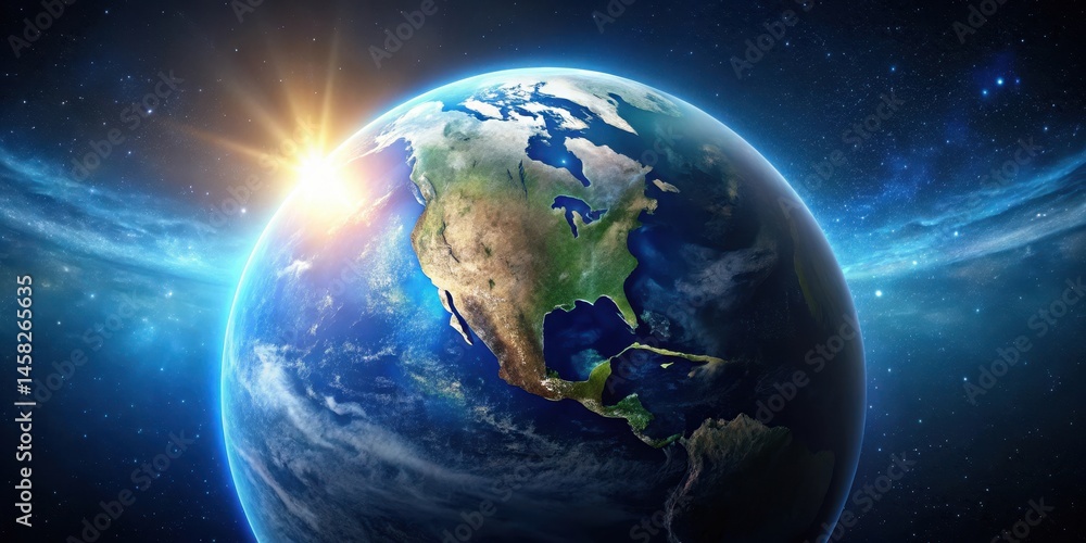 Fototapeta premium A digital illustration of the Earth from space with a dark blue background and subtle starlight effects , astronomy, earth