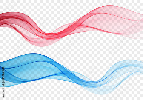 Vector waves in translucent red and blue hues on a transparent background. Fluid modern design perfect for overlays and creative projects.