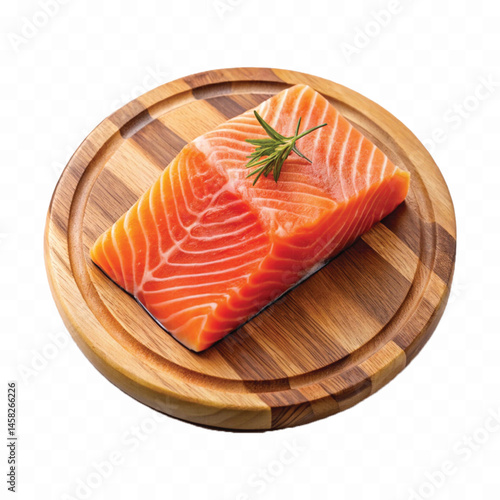 realistic slice of raw salmon on wooden board isolated white or transparent background