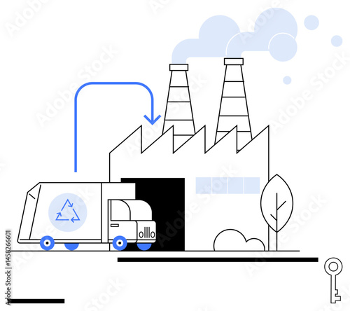Recycling truck unloading at factory with smoke-emitting chimneys, arrow indicating the process flow, tree in the scene. Ideal for sustainability, recycling, environment, waste management, pollution