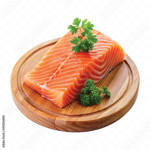 realistic slice of raw salmon on wooden board isolated white or transparent background
