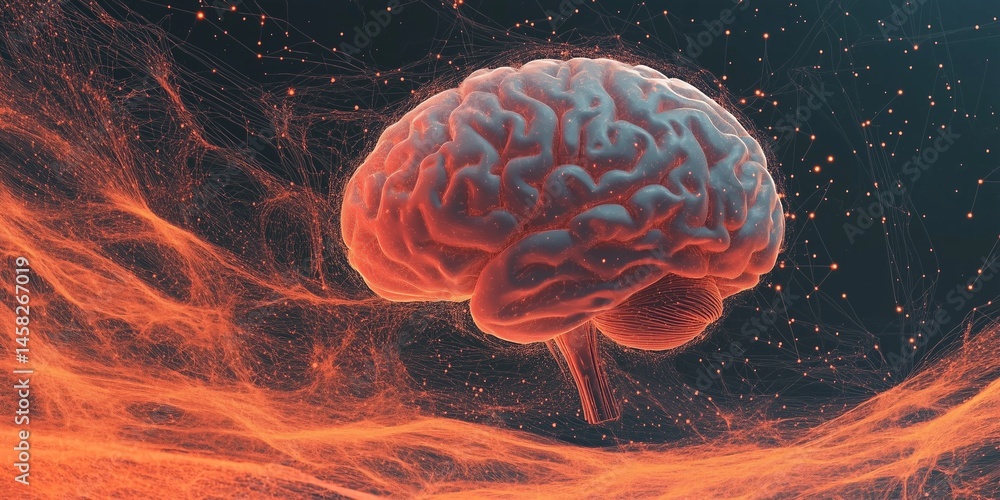 Obraz premium Human Brain Illustration, Neural Activity, Artificial Intelligence Brain, AI Brain Concept, Machine Learning, Deep Learning, Cognitive Function, Brain Anatomy,