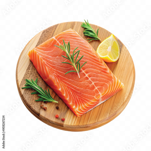 realistic slice of raw salmon on wooden board isolated white or transparent background
